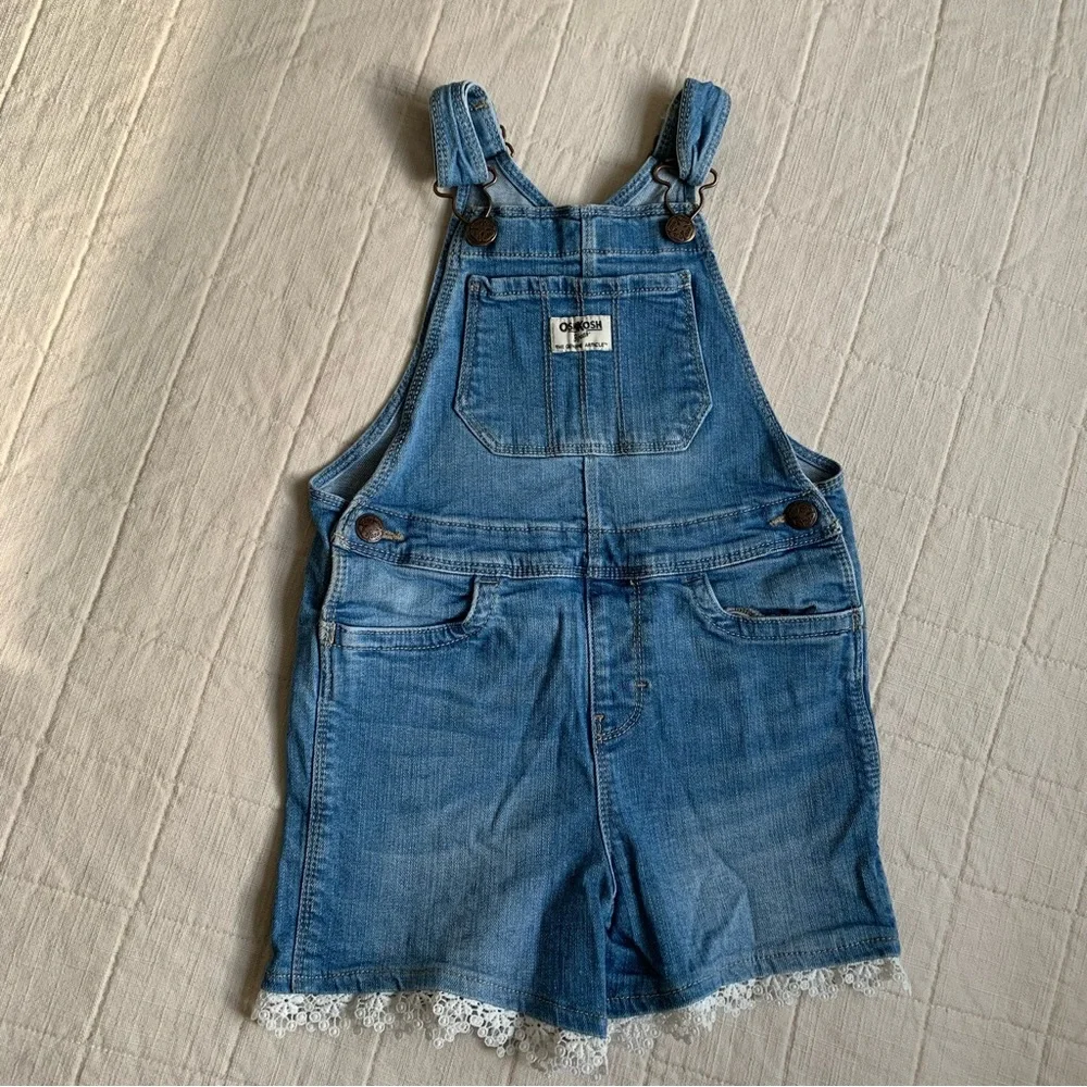 OshKosh B'gosh Girl Vestbak Blue‎ Shortalls Overalls Crochet Lace Hem Size 5 5T